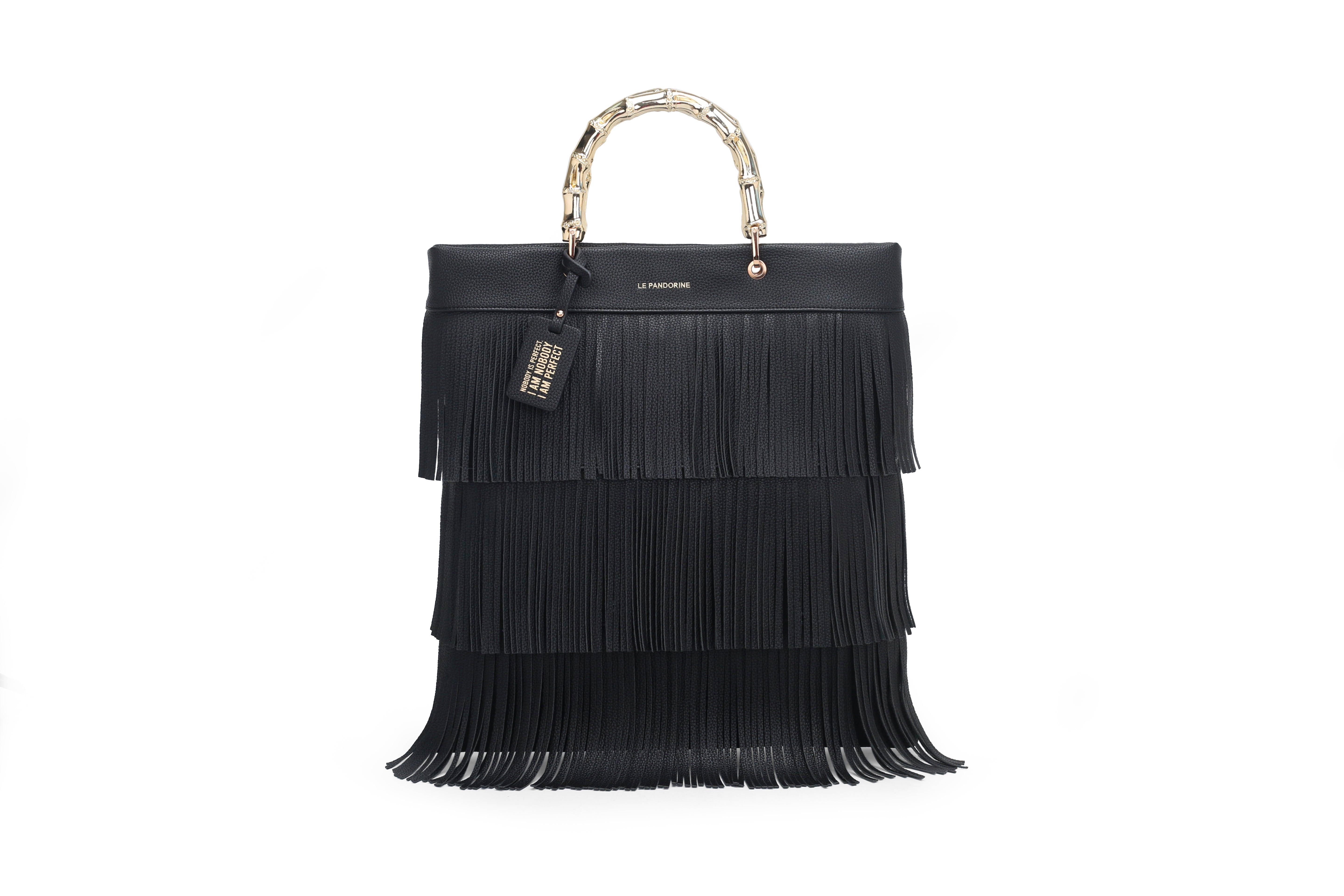PF2510B03.C99 - Black fringe large handbag - BLACK | Le Pandorine