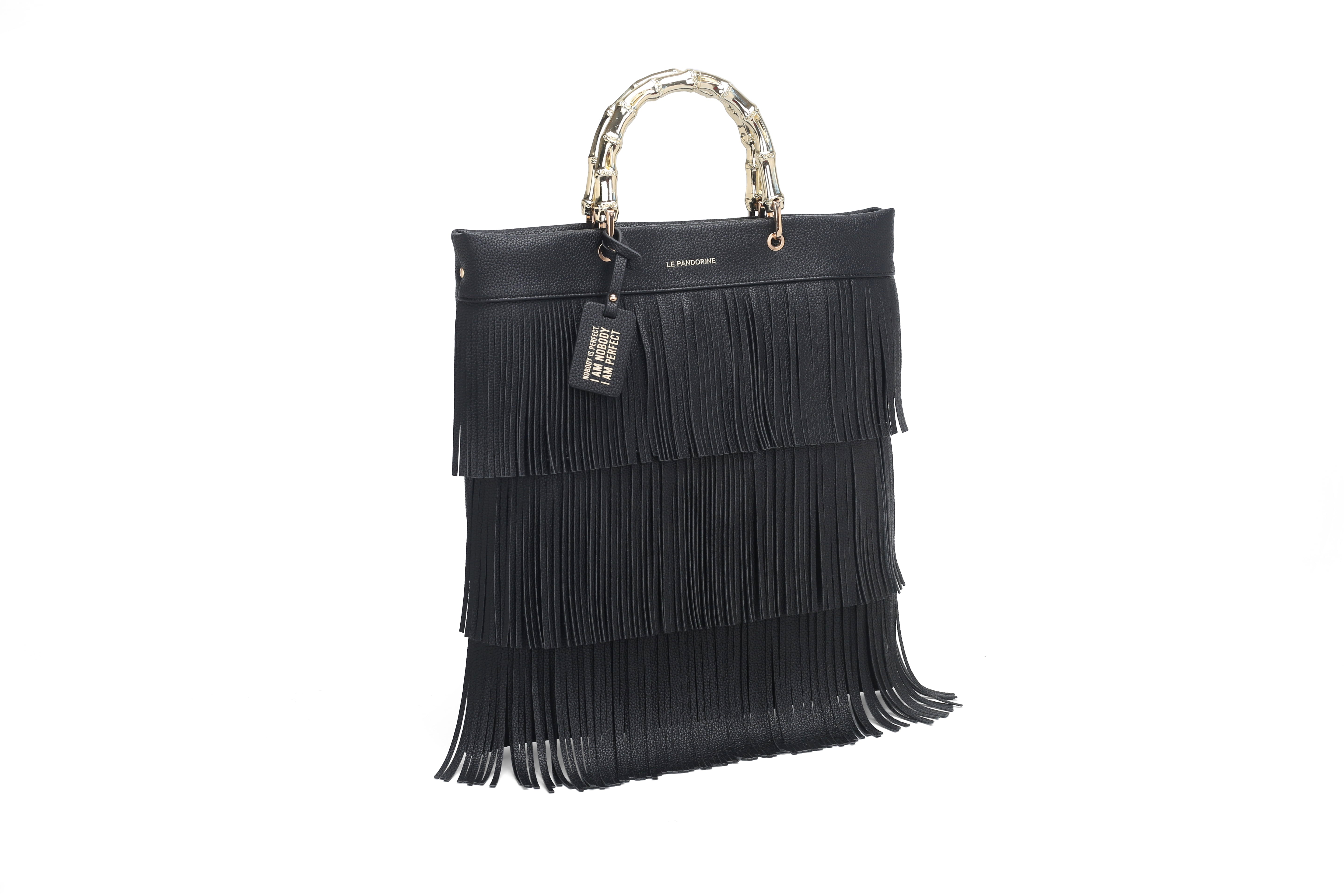 PF2510B03.C99 - Black fringe large handbag - BLACK | Le Pandorine