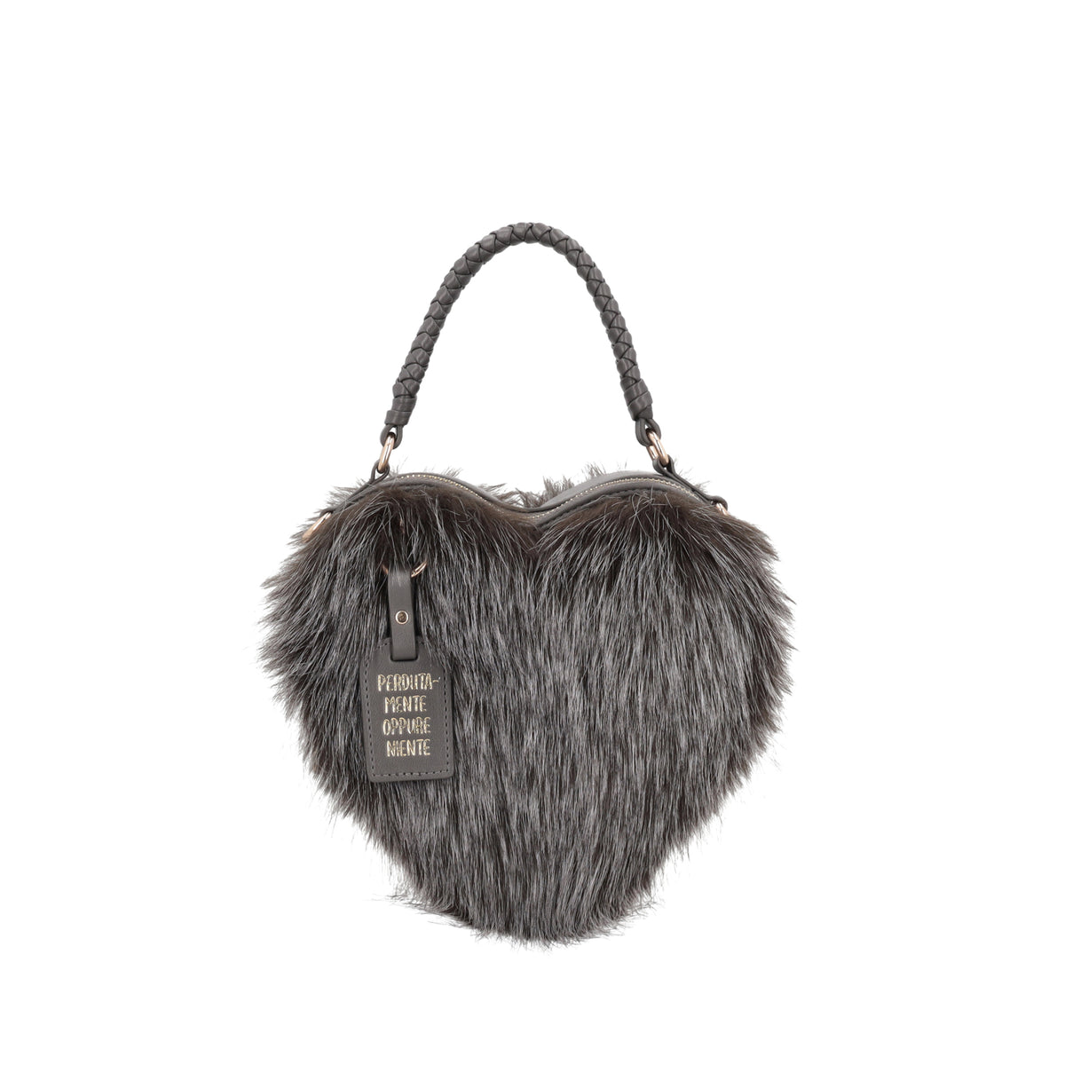 Small heart bag with dark grey faux fur - Women's Crossbody Bag | Le Pandorine