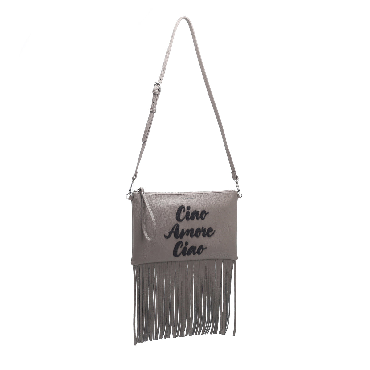 Siviglia shoulder clutch bag with taupe fringes - Women's Crossbody Bag | Le Pandorine