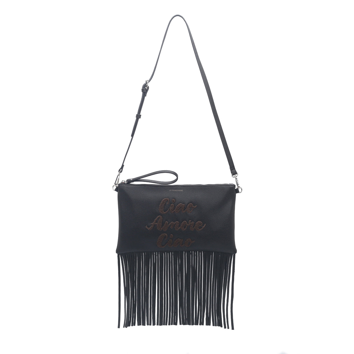 PF2634B58.C99 - Pochette a tracolla Siviglia con frange colore nero - BLACK | Le Pandorine