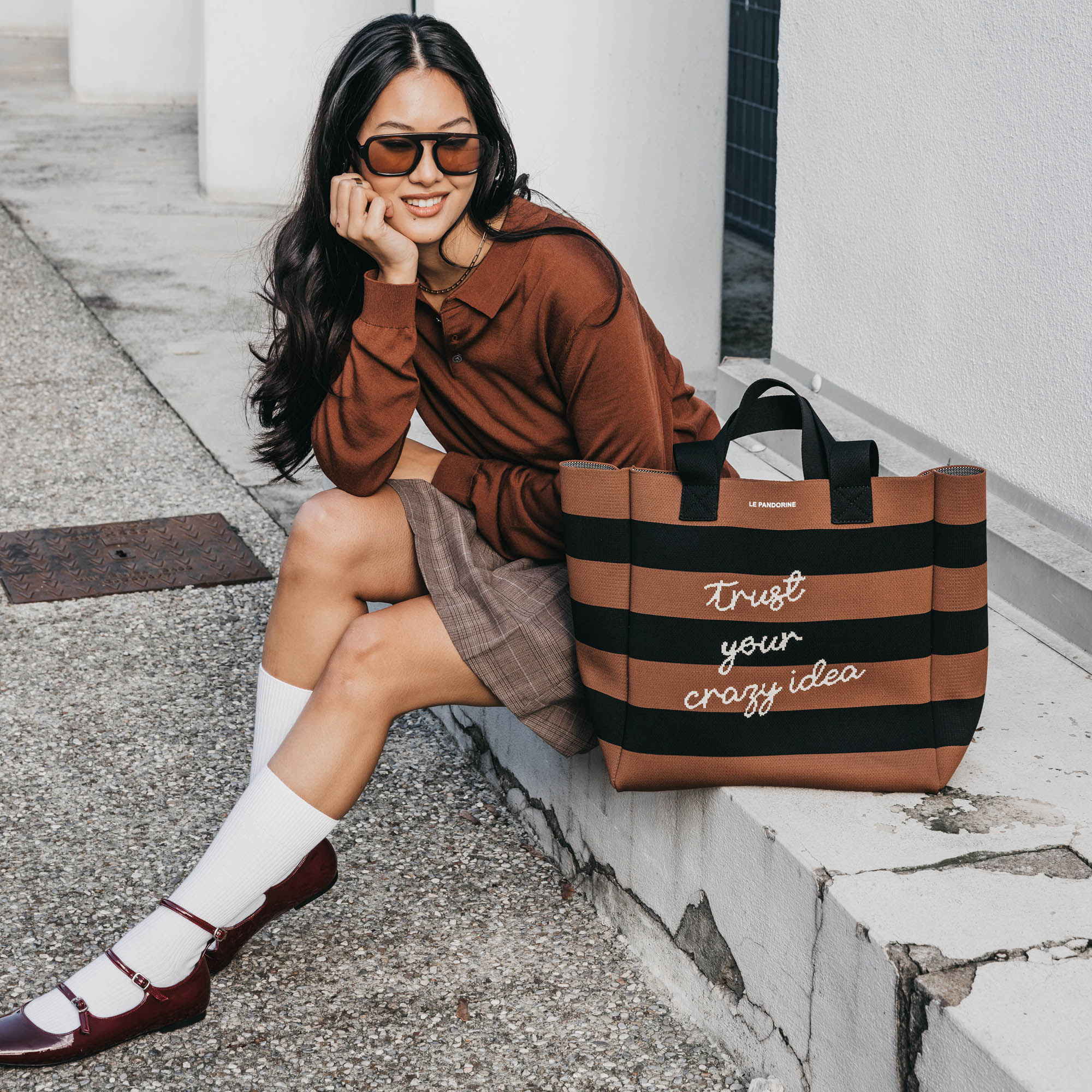 Large Jackie canvas shopping bag with double handle brown color - Shopping Bags | Le Pandorine