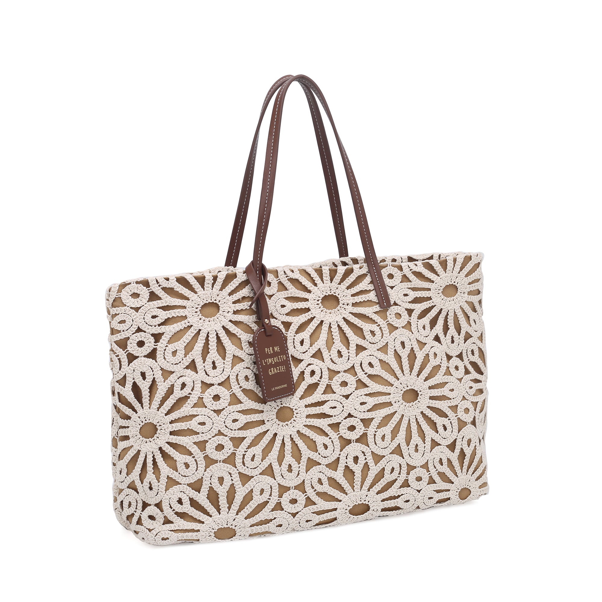 Gisele shopping bag in macramé with ecru color tag - Shopping Bags | Le Pandorine