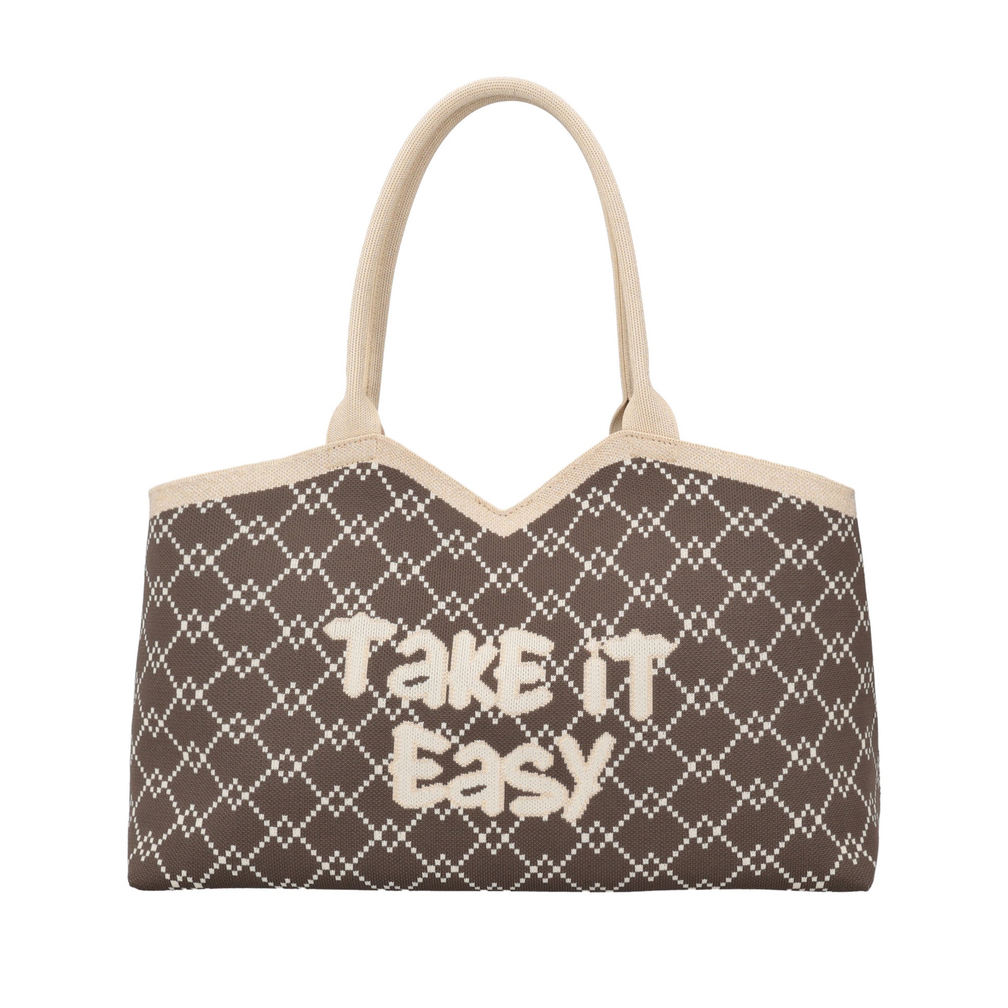 Nina shopping bag in geometric fabric coffee color - Shopping Bags | Le Pandorine