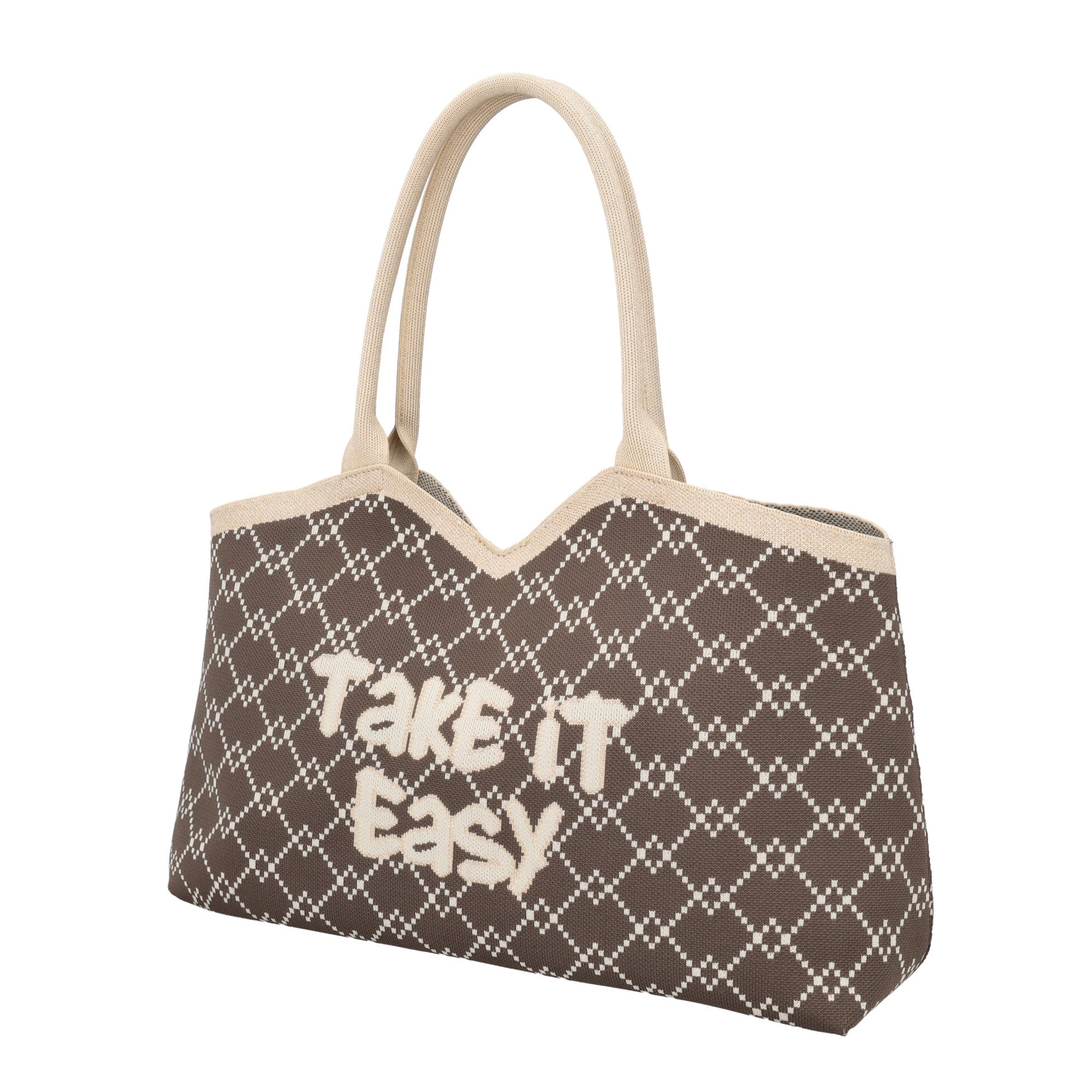 Nina shopping bag in geometric fabric coffee color - Shopping Bags | Le Pandorine