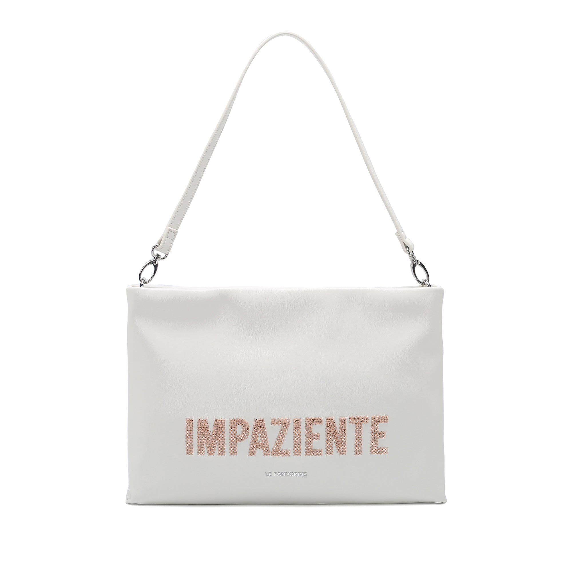 Veronica clutch bag with handle and embroidered cream writing - NATURAL | Le Pandorine