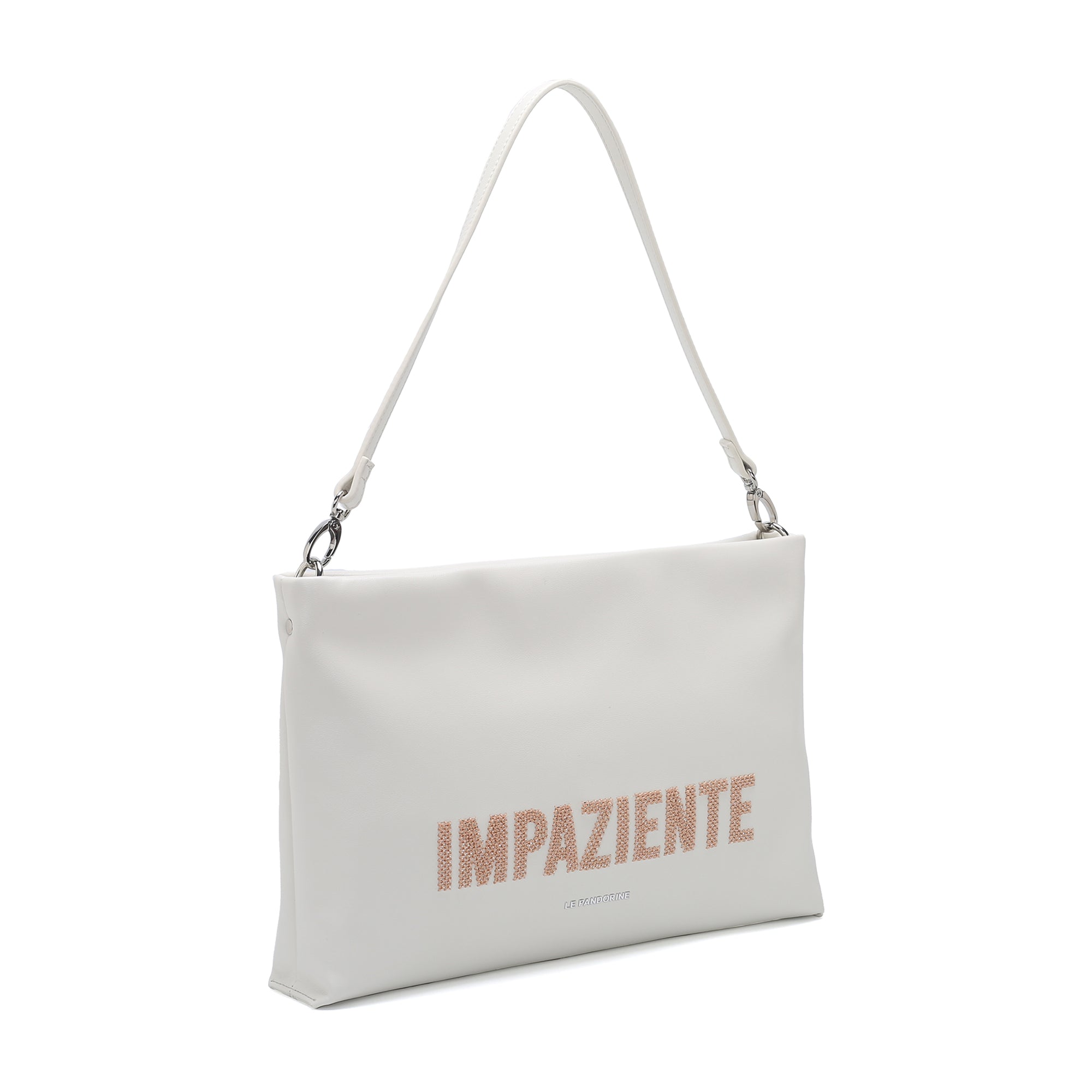 Veronica clutch bag with handle and embroidered cream writing - NATURAL | Le Pandorine