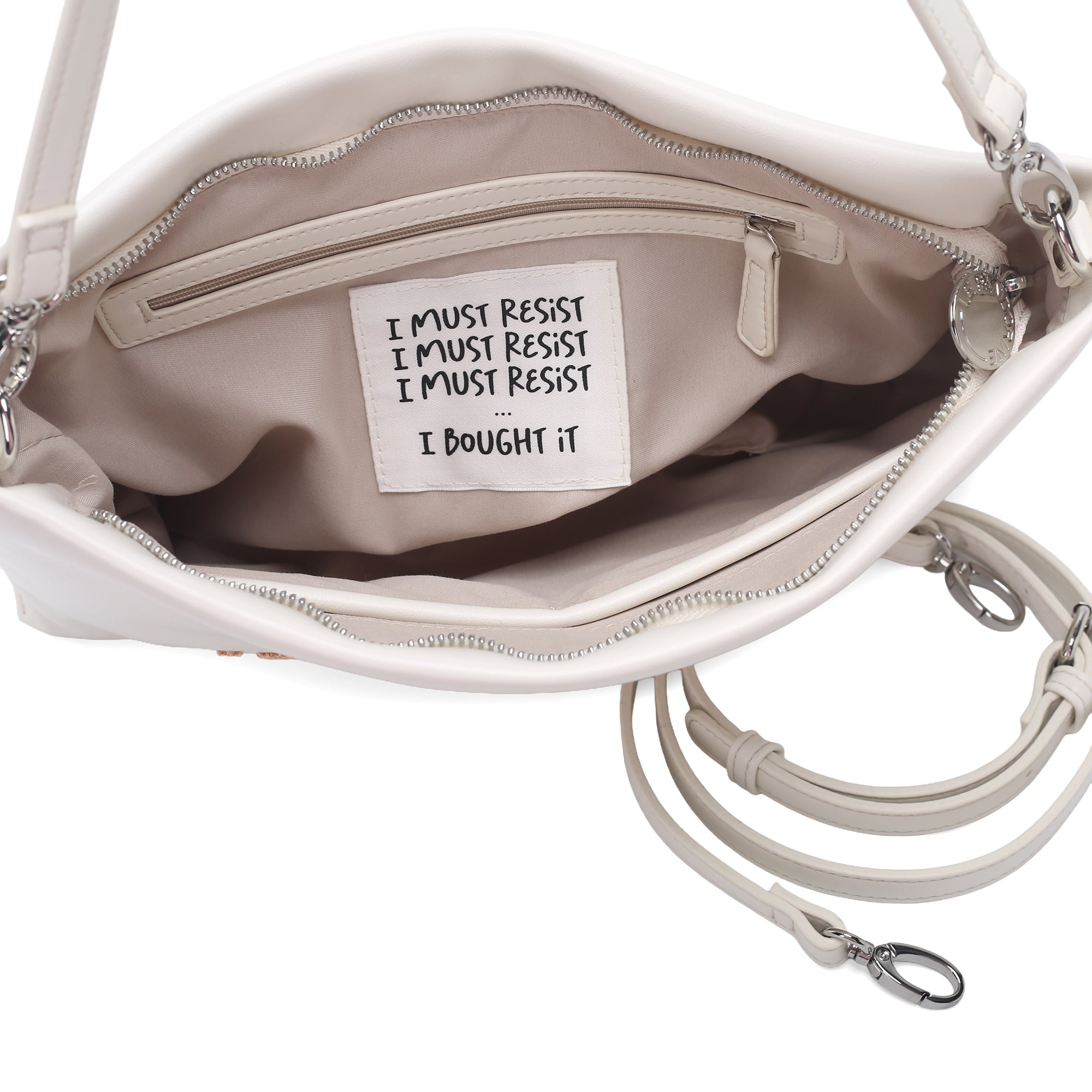 Veronica clutch bag with handle and embroidered cream writing - NATURAL | Le Pandorine