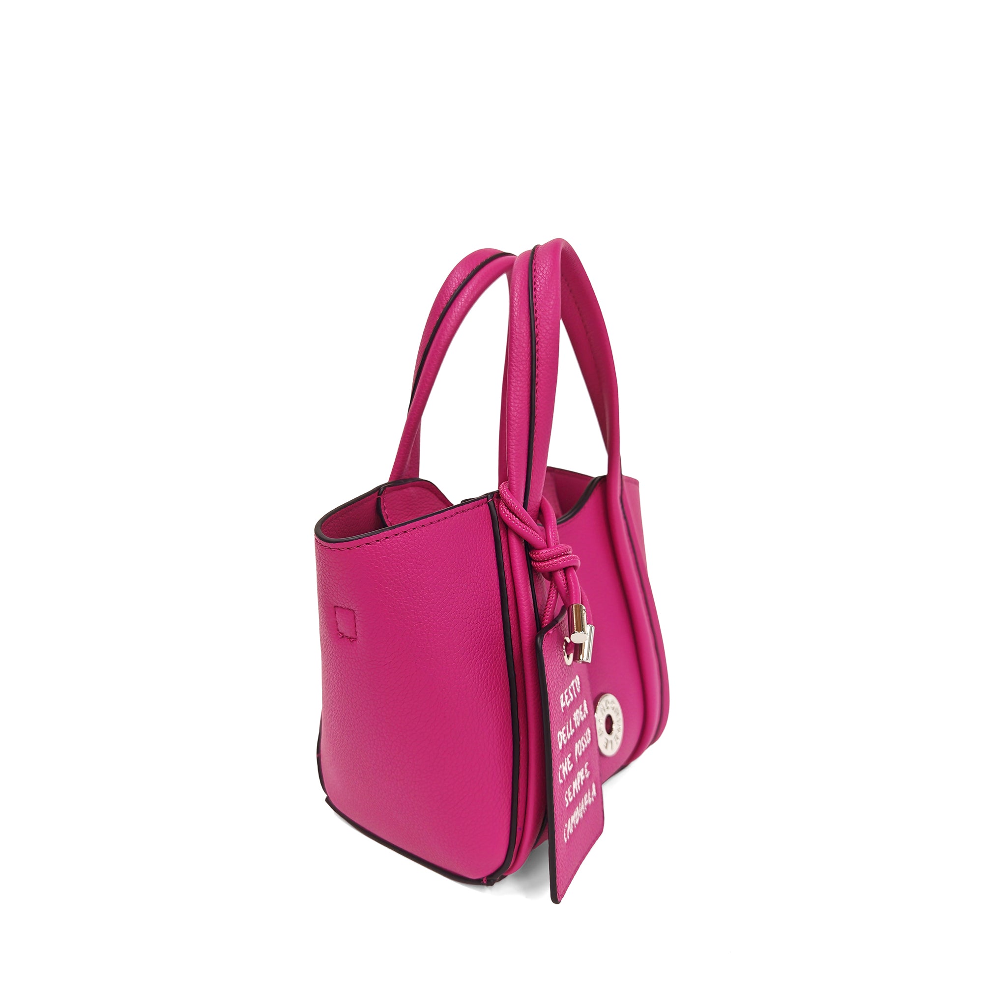 Vicky mini shopping bag with decorative tag in fuchsia color - Women's Crossbody Bag | Le Pandorine