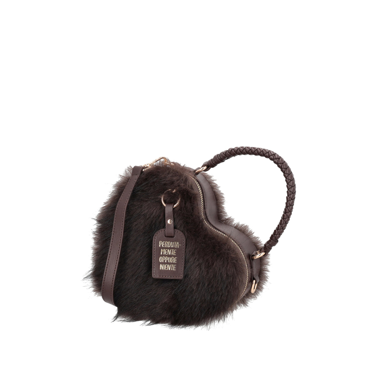 Small heart bag with dark brown faux fur - Women's Crossbody Bag | Le Pandorine