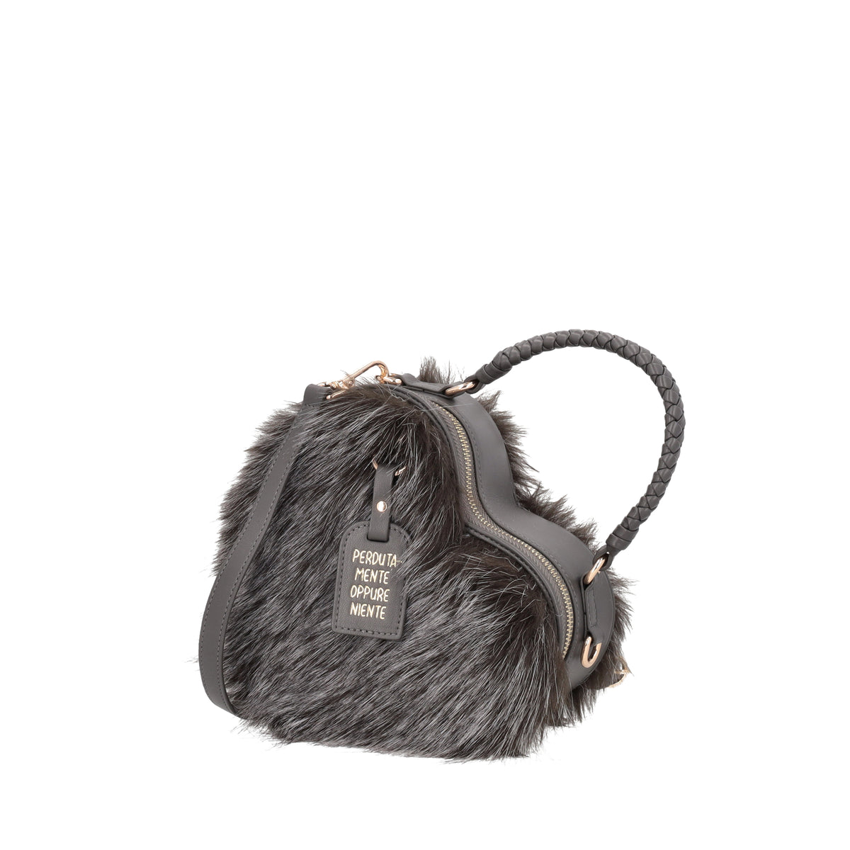 Small heart bag with dark grey faux fur - Women's Crossbody Bag | Le Pandorine