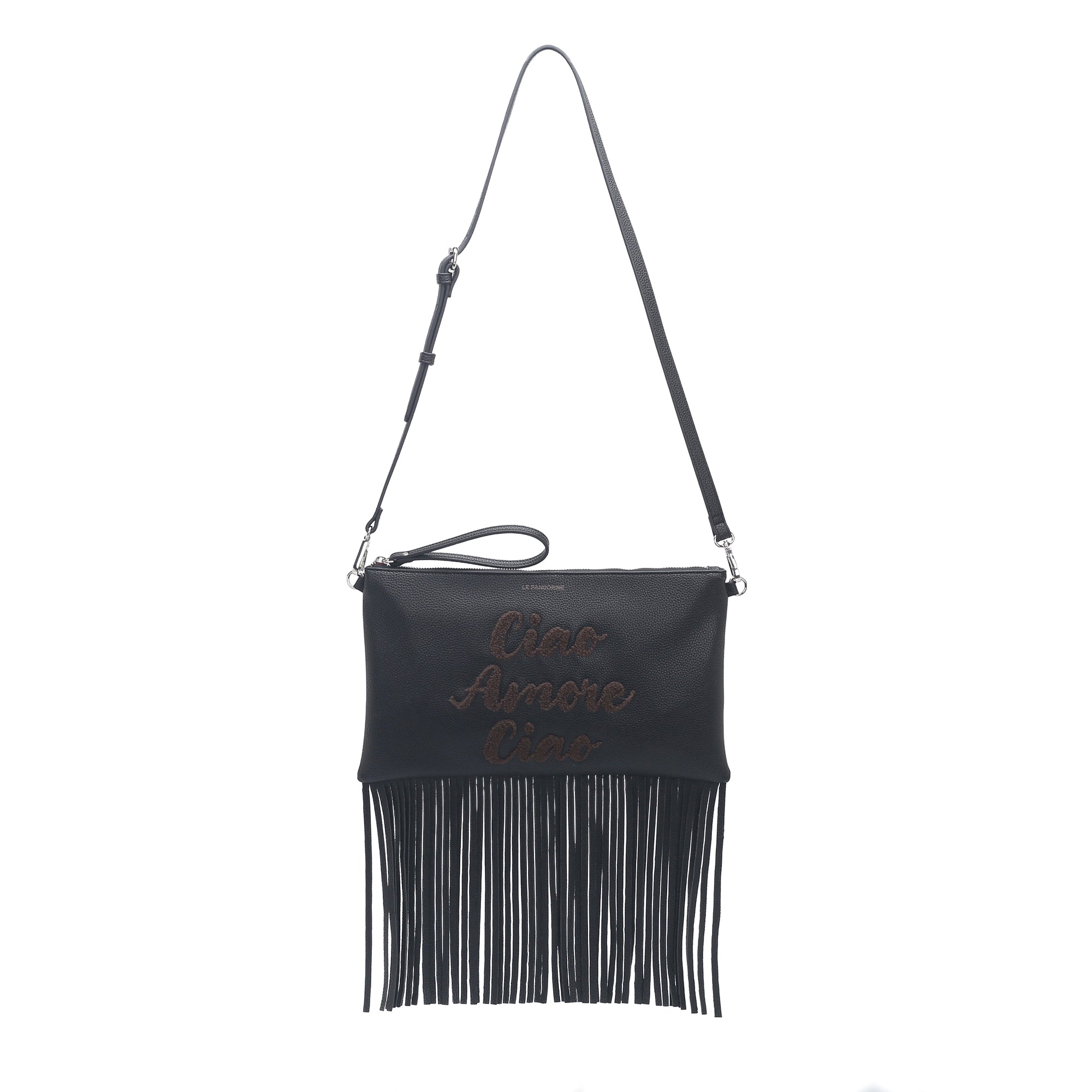 PF2634B58.C99 - Pochette a tracolla Siviglia con frange colore nero - NERO | Le Pandorine
