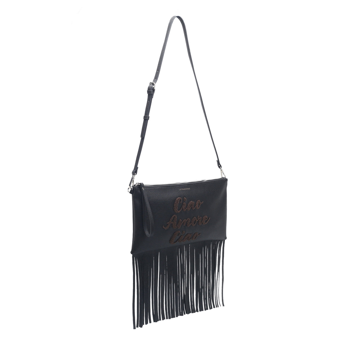 PF2634B58.C99 - Pochette a tracolla Siviglia con frange colore nero - NERO | Le Pandorine