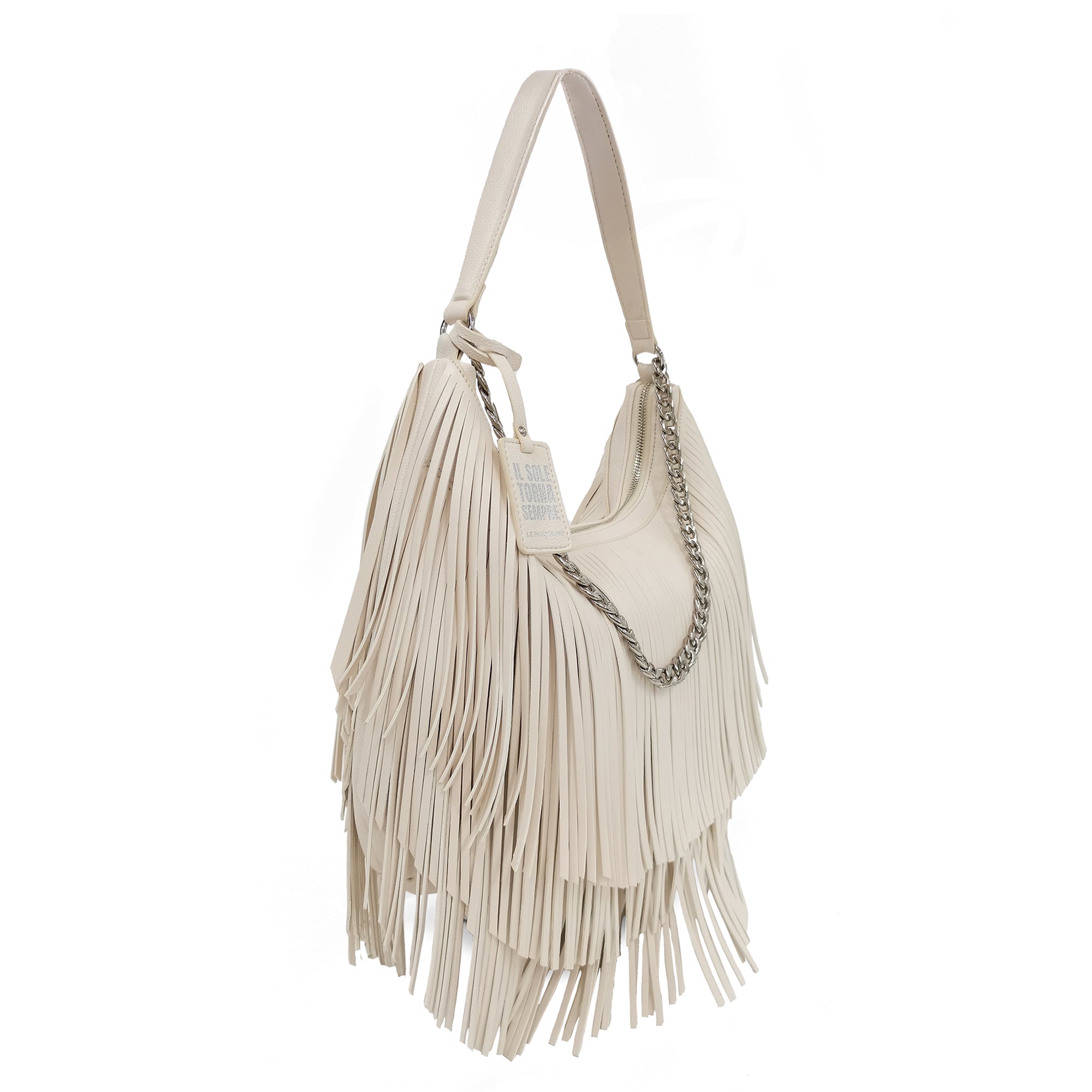 white Fringe Hobo With Chain - Shoulder Bags | Le Pandorine