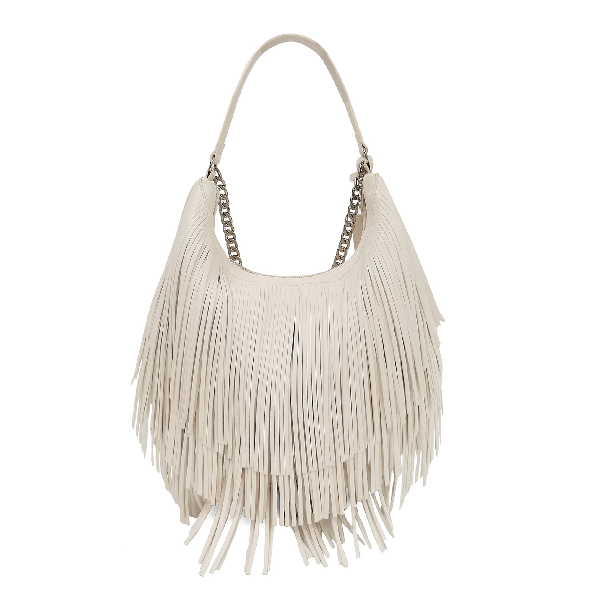 Sacca Fringe Con Catena colore bianco - Fringe Bag: Borsa Con Frange | Le Pandorine