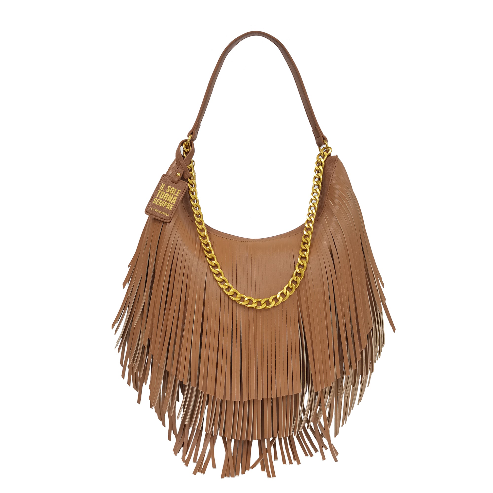 Sacca Fringe Con Catena colore cuoio - Fringe Bag: Borsa Con Frange | Le Pandorine