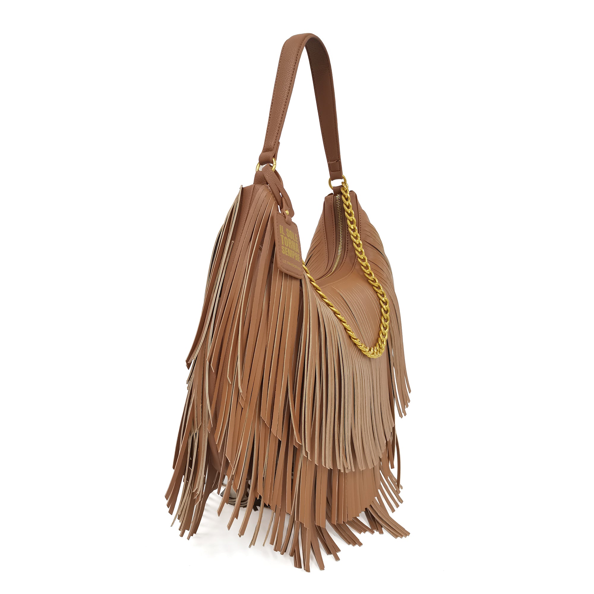 tan Fringe Hobo With Chain - Shoulder Bags | Le Pandorine