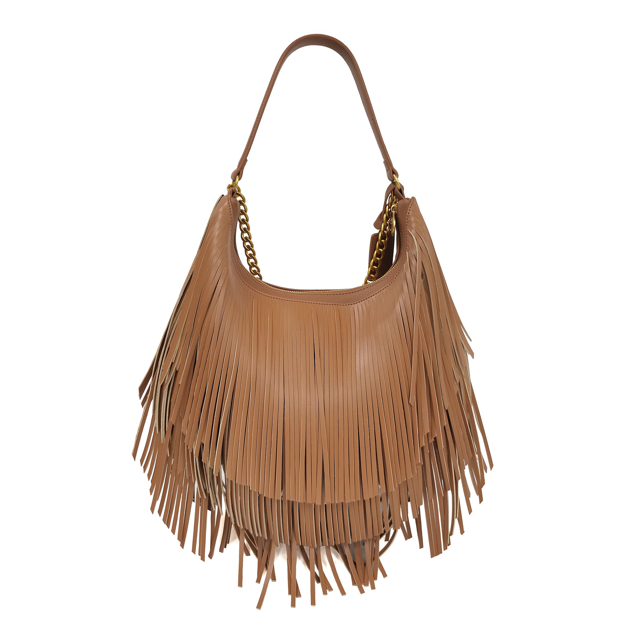 tan Fringe Hobo With Chain - Women Bags | Le Pandorine