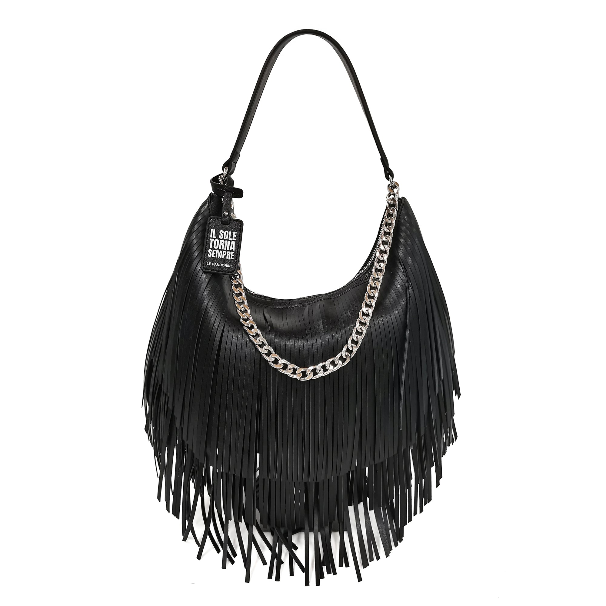 black Fringe Hobo With Chain - Women Bags | Le Pandorine