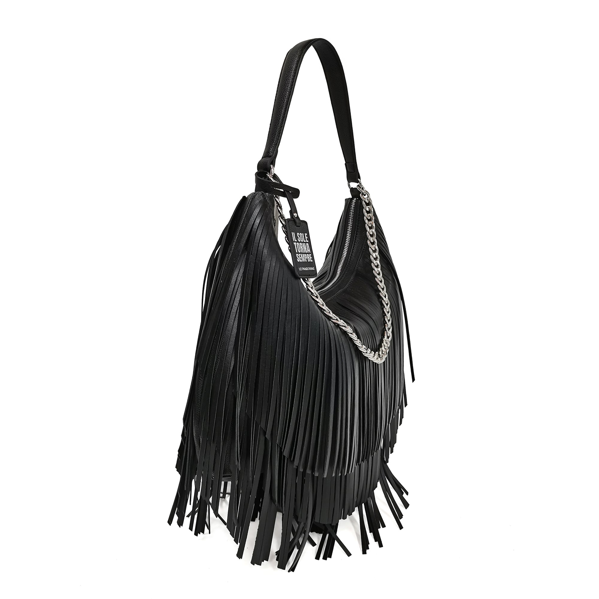 Sacca Fringe Con Catena colore nero - Fringe Bag: Borsa Con Frange | Le Pandorine