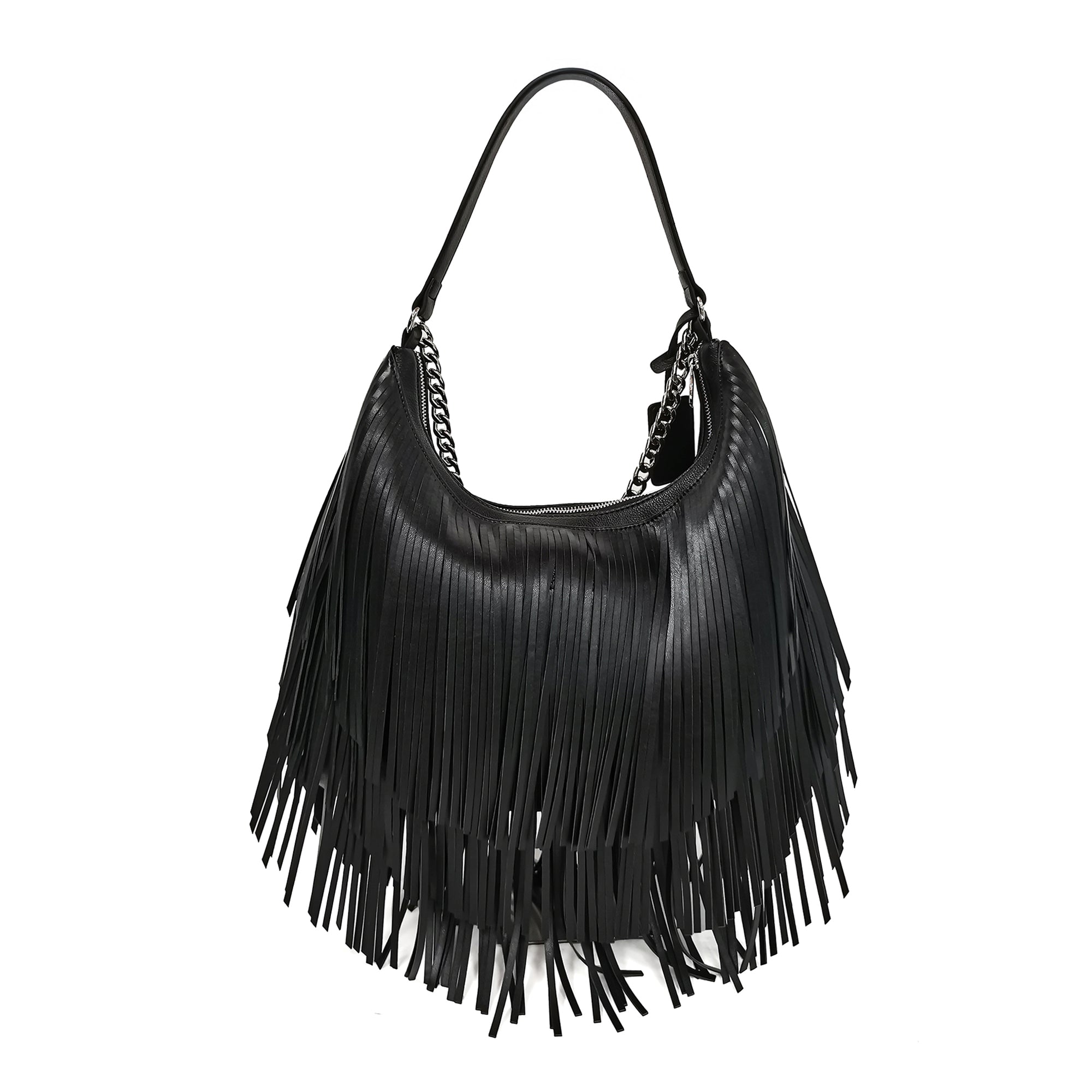 black Fringe Hobo With Chain - BLACK | Le Pandorine