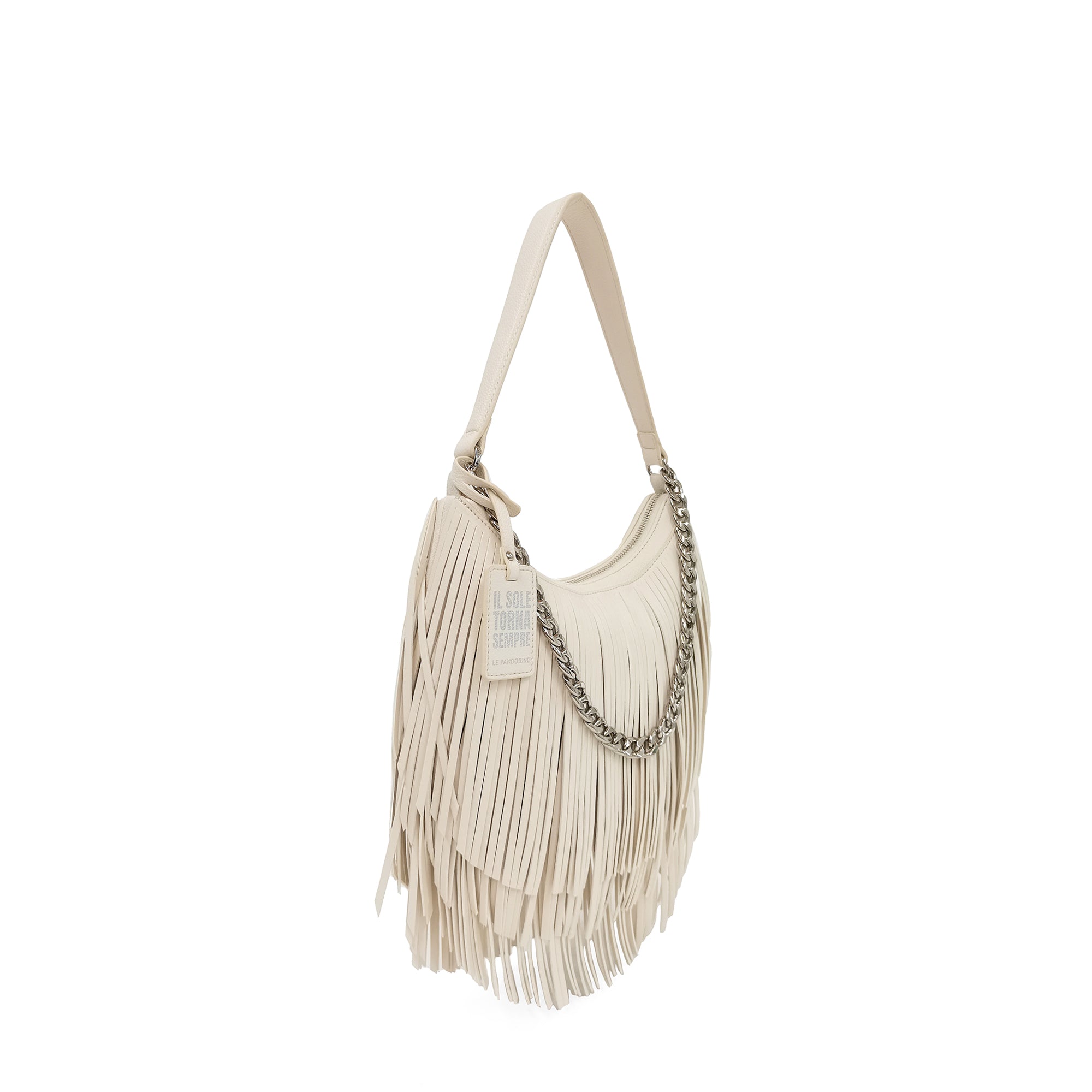 Mini Sacca Fringe Con Catena colore bianco - Borse a Spalla Donna | Le Pandorine