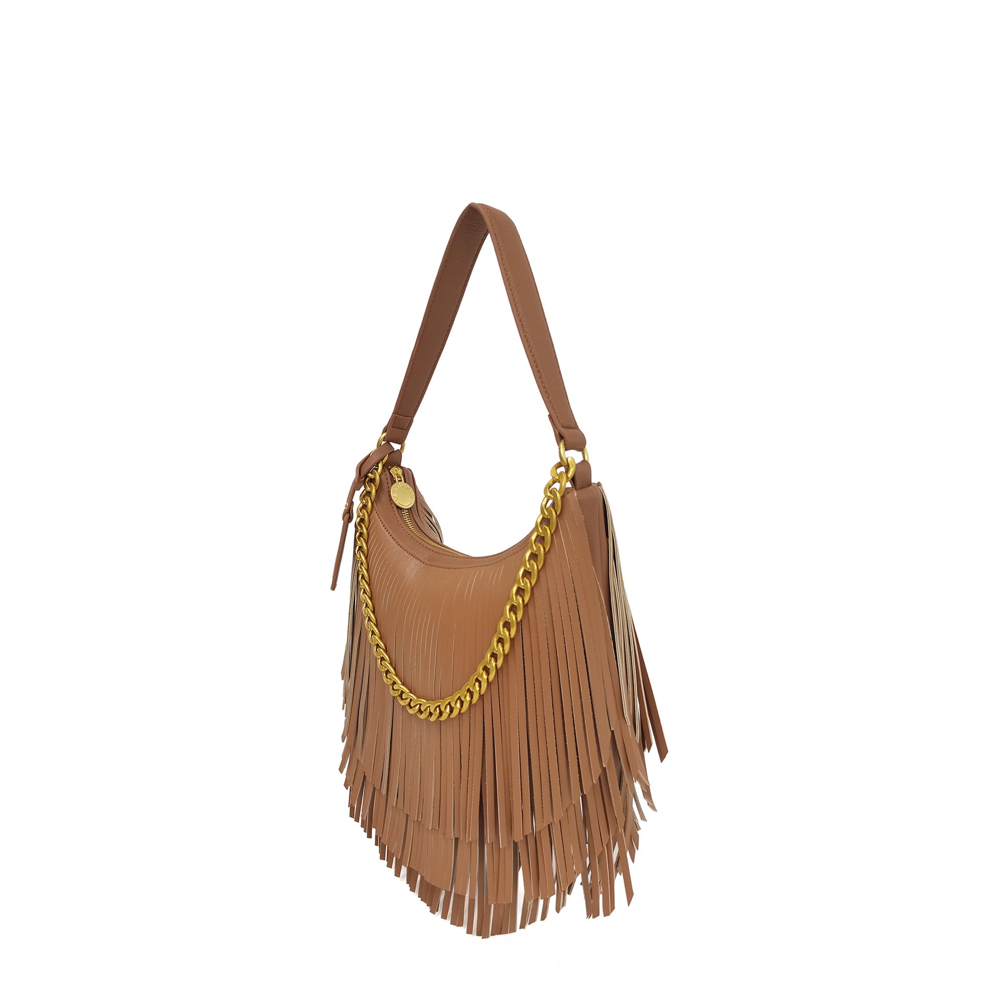 tan Fringe Mini Hobo With Chain - Shoulder Bags | Le Pandorine