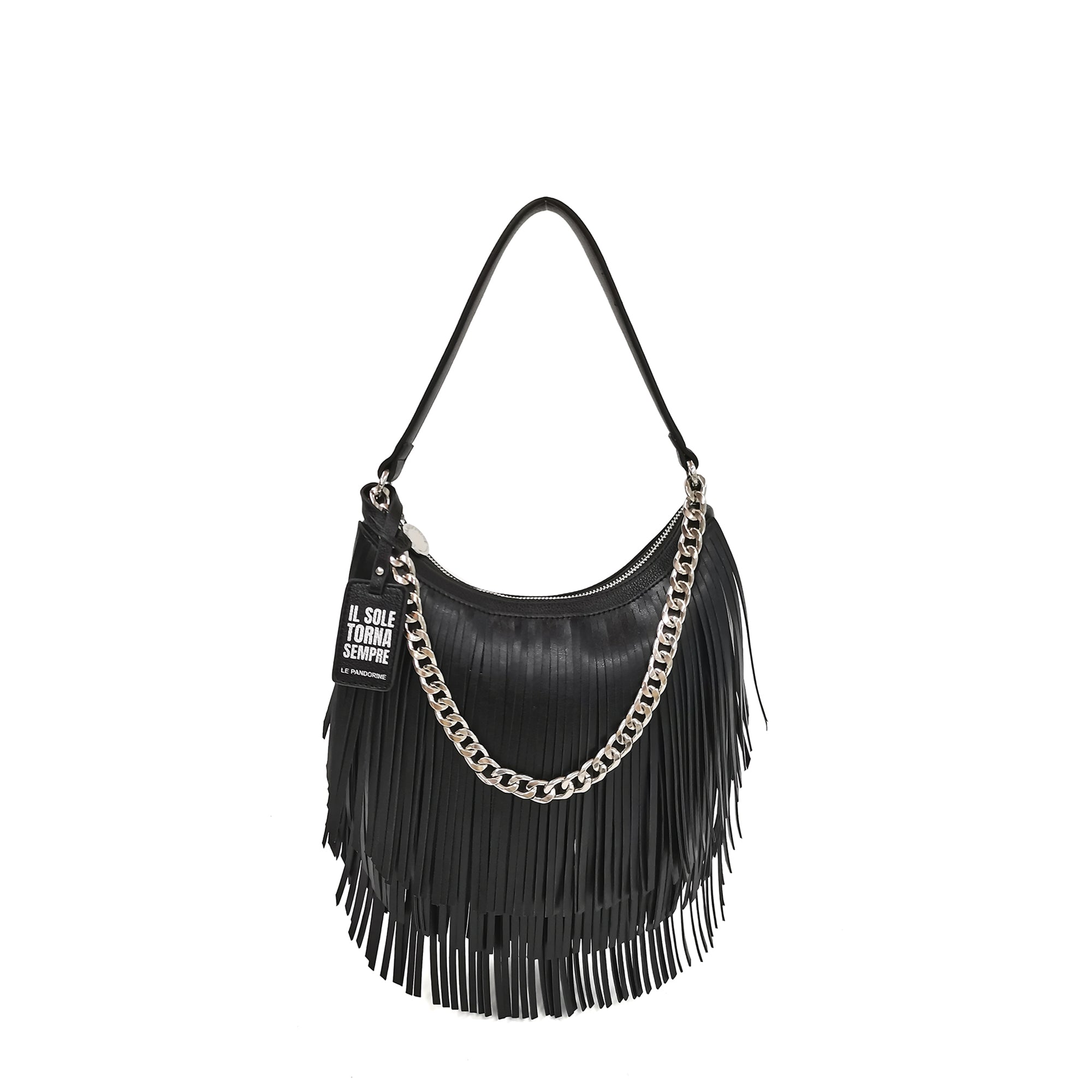 black Fringe Mini Hobo With Chain - Shoulder Bags | Le Pandorine