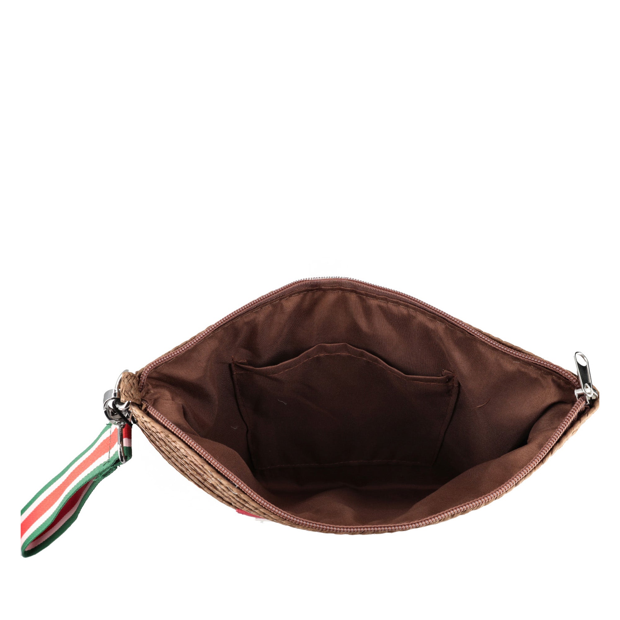 tobacco Raffia Chapeau Clutch With Wristband in Safiano - BROWN | Le Pandorine