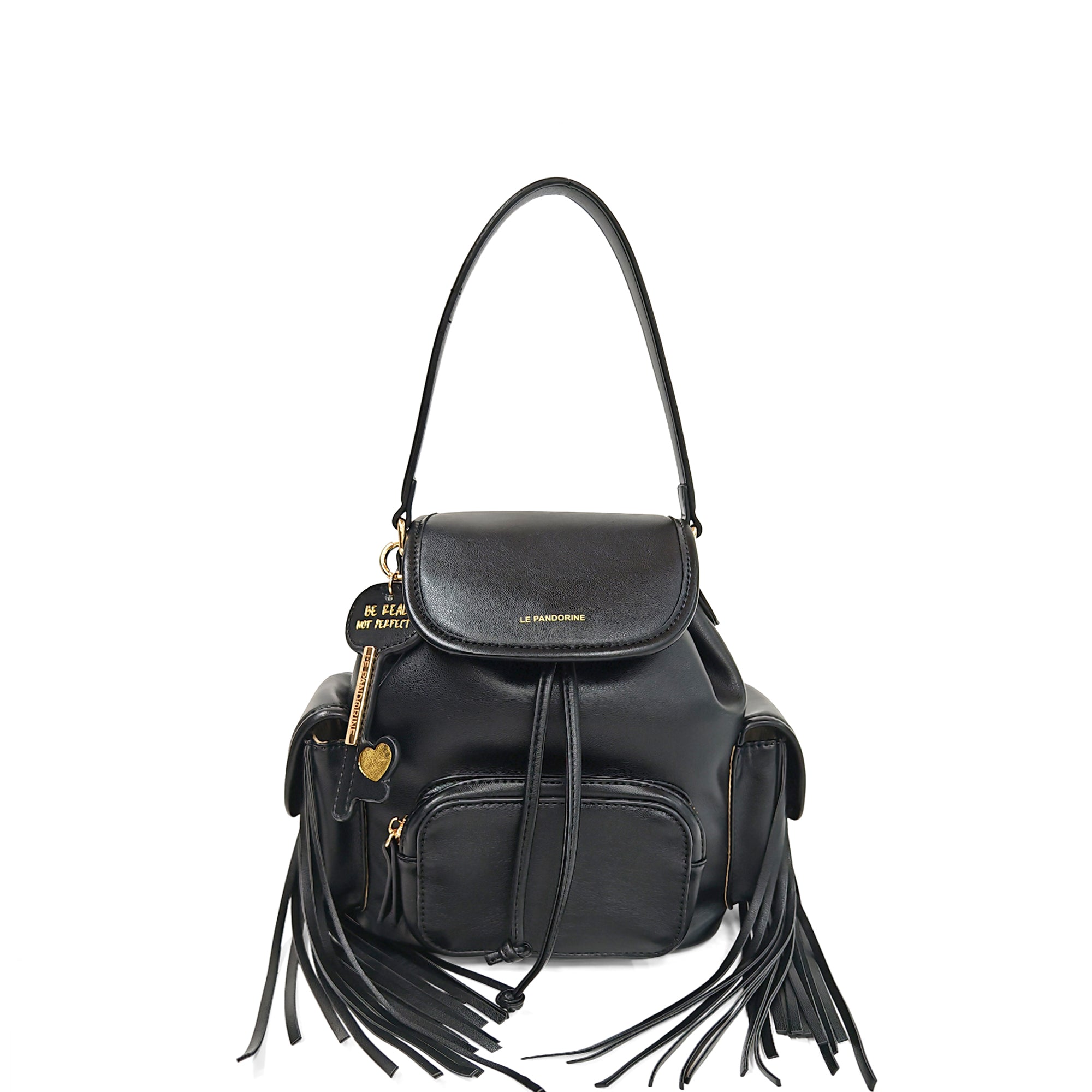 Zaino Fringe con tasche e frange laterali colore nero | Le Pandorine