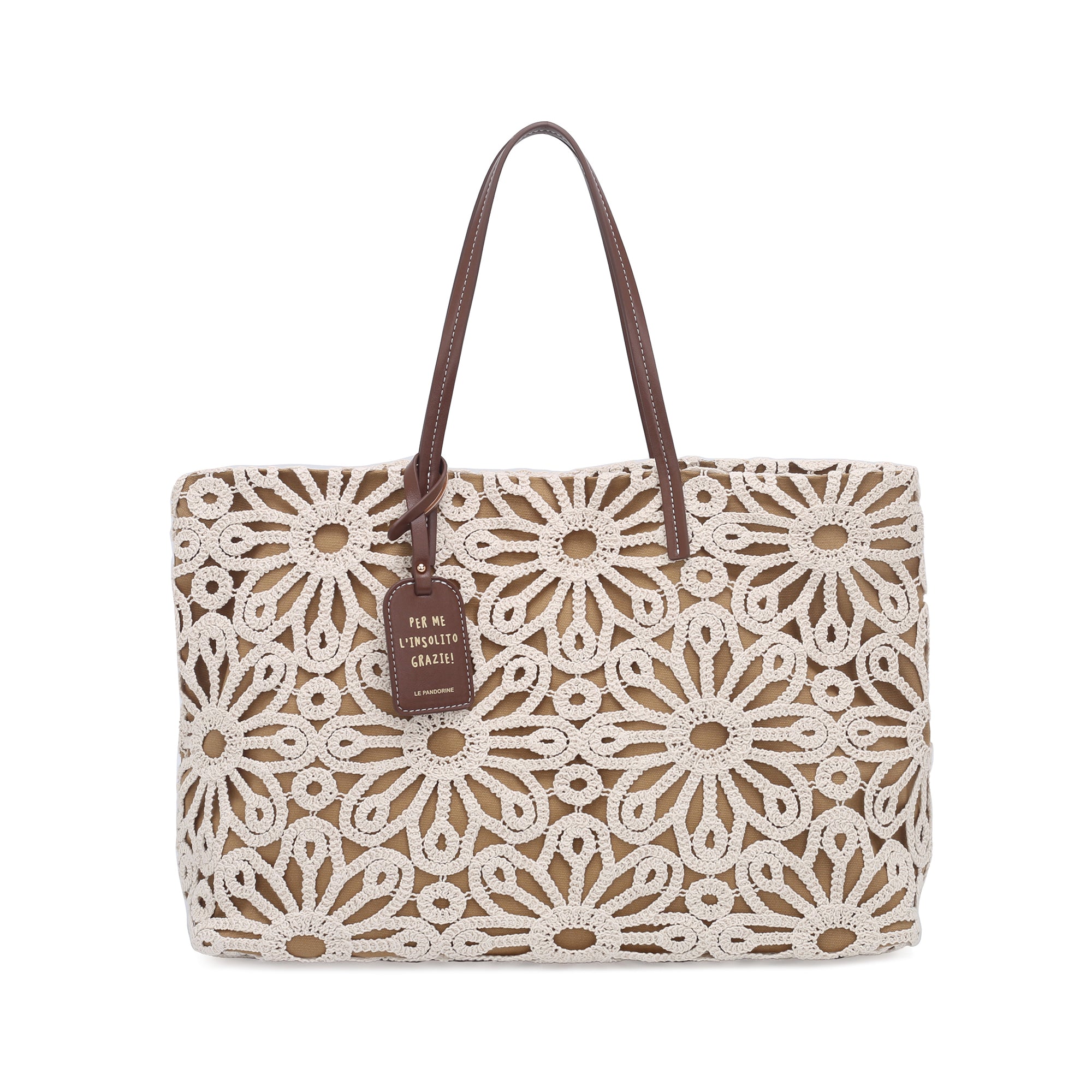 Gisele shopping bag in macramé with ecru color tag - Shopping Bags | Le Pandorine