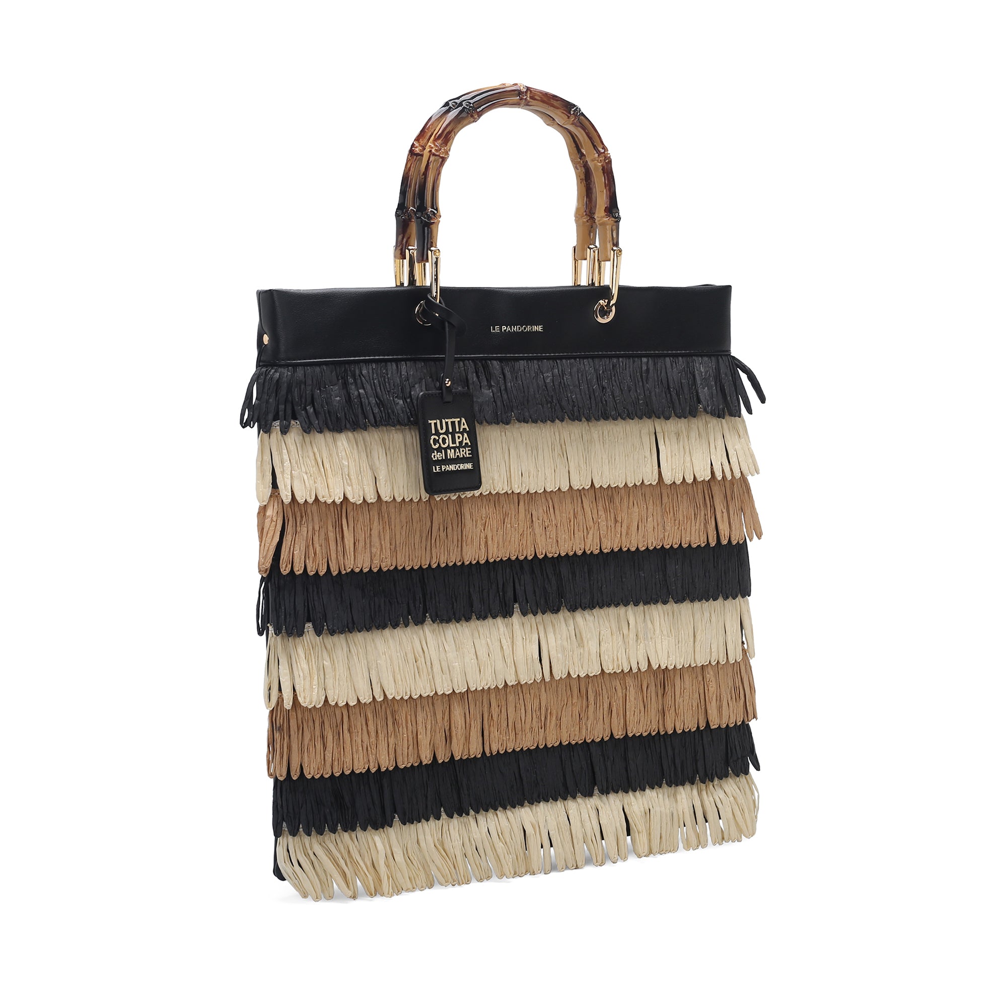 Borsa Marcy a mano con frange e manico in bambù colore nero - Summer Collection - Borse Estive | Le Pandorine