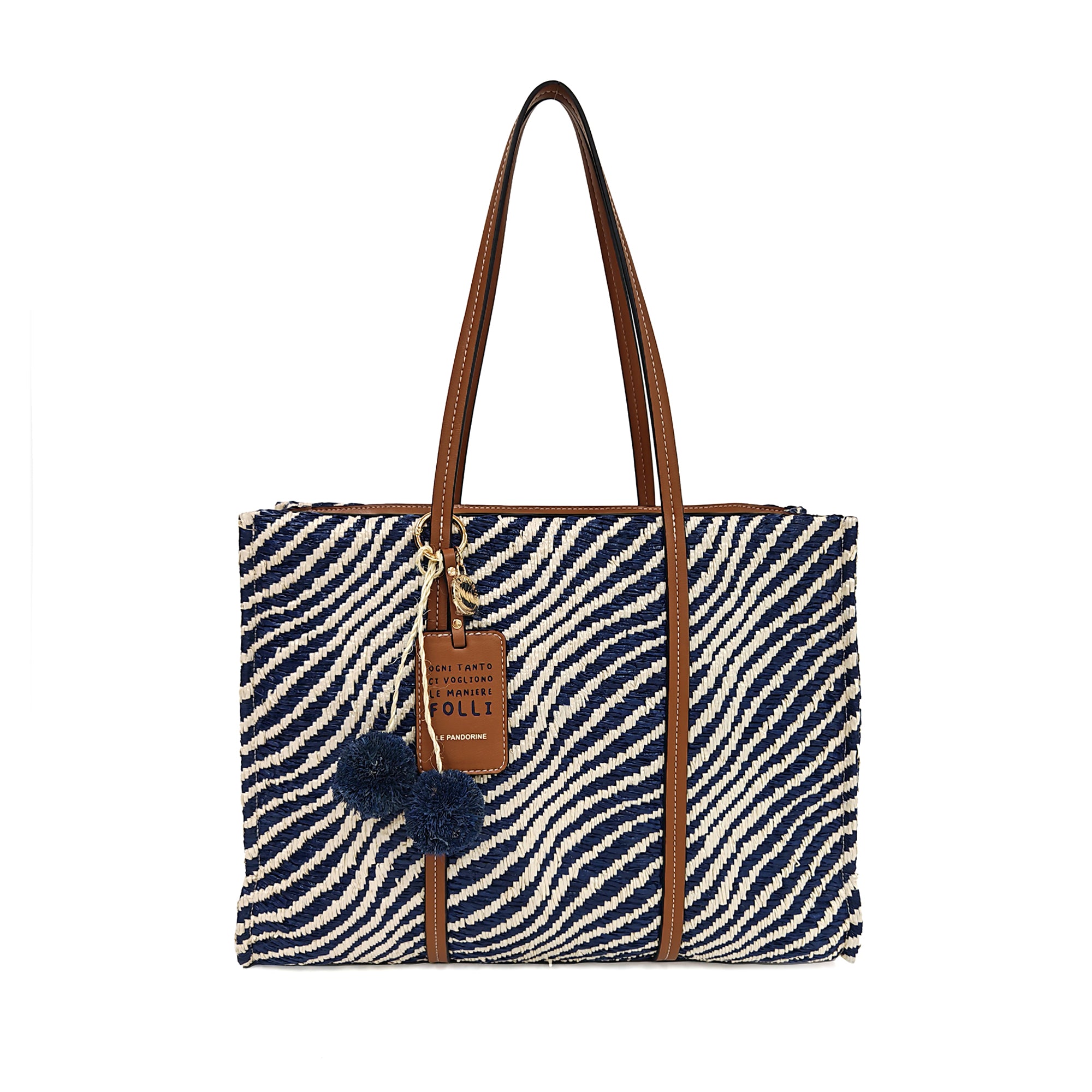 Shopping bag Sunny con dettaglio pom-pon colore blu - Summer Collection - Borse Estive | Le Pandorine