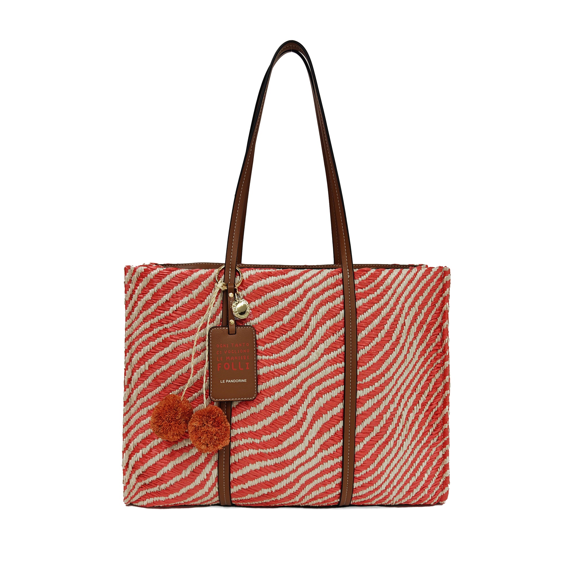 Shopping bag Sunny con dettaglio pom-pon colore corallo - Summer Collection - Borse Estive | Le Pandorine